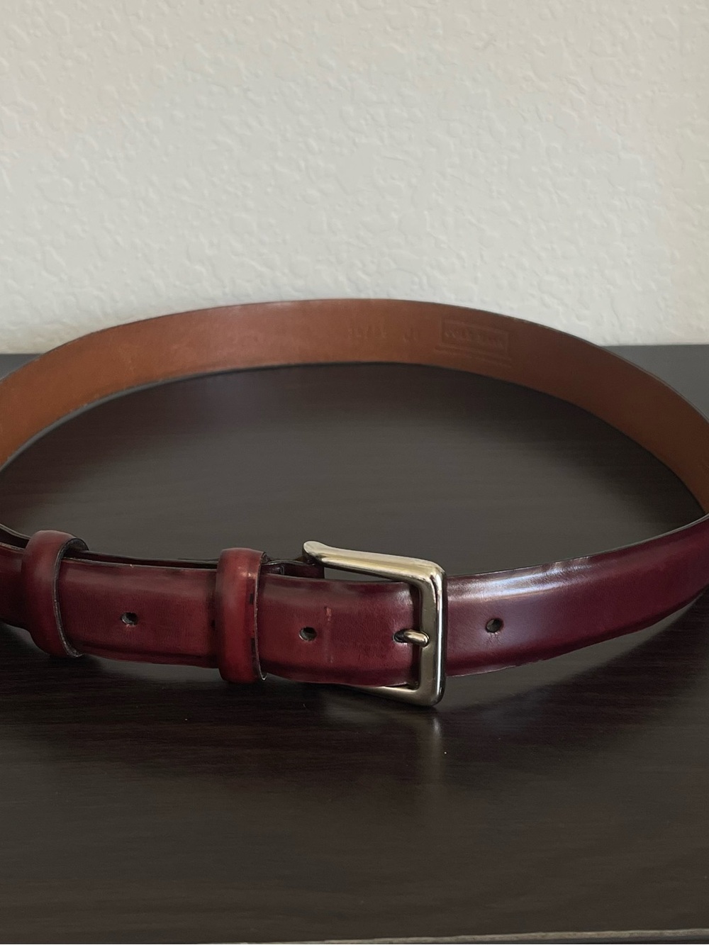 Vintage Cole Haan Burgundy Brush Off Leather Belt Made in USA Size 34 A1178